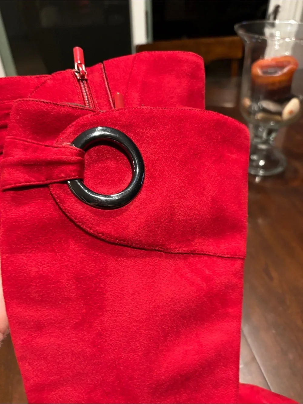 Impo Red Suede Knee high Boots with Ring Accent